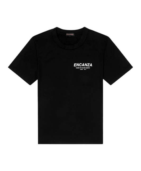 "NONE OF US ARE SAINTS" T-SHIRT | BLACK